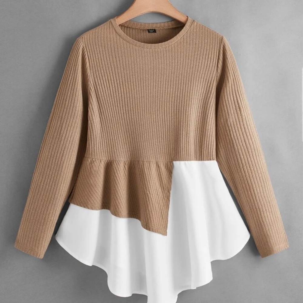 SHEIN Tan and Cream Asymmetrical Ribbed Peplum Blouse